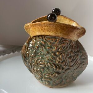 Handcrafted Stoneware Purse Vase with Green and Brown Glaze Signed by Artist